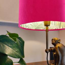 Cerise Pink Velvet Drum Lampshade With Lush Green Leaves Lining, Large Fuchsia Tropical Lightshade - thumbnail 2