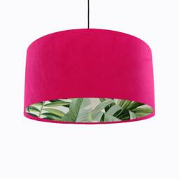 Cerise Pink Velvet Drum Lampshade With Lush Green Leaves Lining, Large Fuchsia Tropical Lightshade