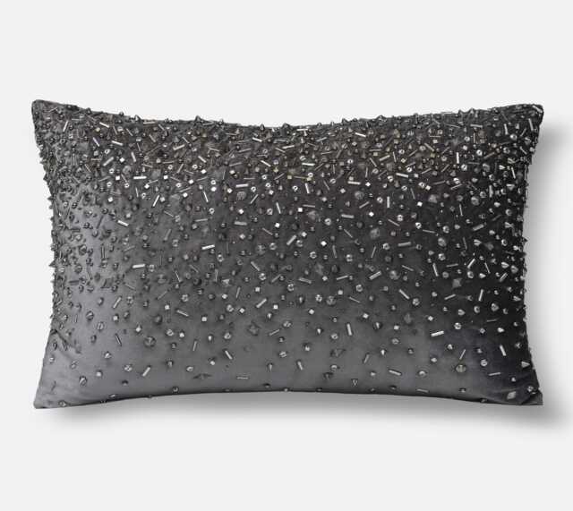 Hand Embroidered Charcoal Velvet Pillow Cover Antique Silver Beads - Bmcc041 - image 1