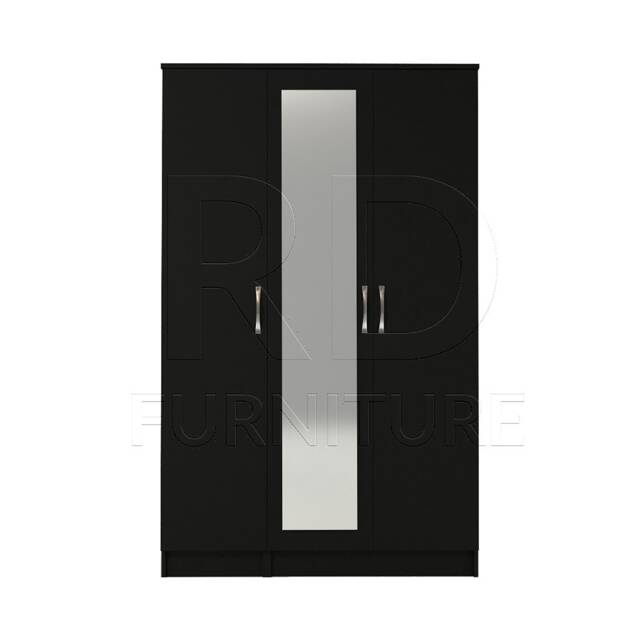Black Wardrobe, Triple Wardrobe Ready Assembled Classic 3 Door Mirrored - image 1