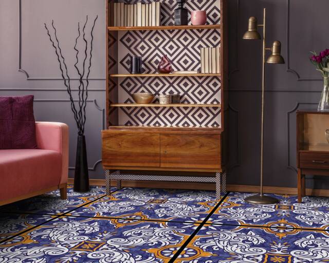 Ornamental Azulejos Tile Vinyl Flooring, Blue Linoleum in Roll, Orange Abstract Decor, Glamorous Aesthetic Room Art Floor - image 1
