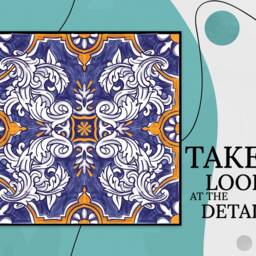Ornamental Azulejos Tile Vinyl Flooring, Blue Linoleum in Roll, Orange Abstract Decor, Glamorous Aesthetic Room Art Floor - thumbnail 2