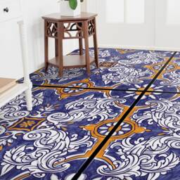Ornamental Azulejos Tile Vinyl Flooring, Blue Linoleum in Roll, Orange Abstract Decor, Glamorous Aesthetic Room Art Floor - thumbnail 3