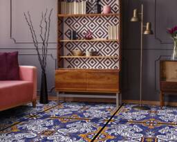 Ornamental Azulejos Tile Vinyl Flooring, Blue Linoleum in Roll, Orange Abstract Decor, Glamorous Aesthetic Room Art Floor - thumbnail 1