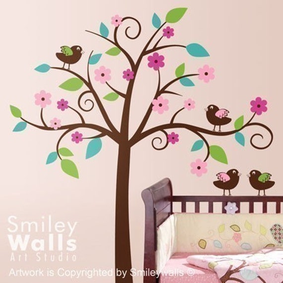 Whimsical Flower Tree Wall Decal, With Love Birds Nursery Vinyl Decal Art Decor, Tree For Nursery, Sticker - image 1