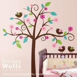 Whimsical Flower Tree Wall Decal, With Love Birds Nursery Vinyl Decal Art Decor, Tree For Nursery, Sticker - thumbnail 1