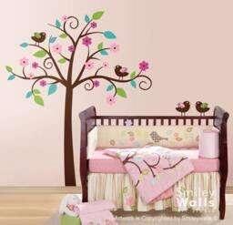 Whimsical Flower Tree Wall Decal, With Love Birds Nursery Vinyl Decal Art Decor, Tree For Nursery, Sticker - thumbnail 2