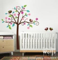 Whimsical Flower Tree Wall Decal, With Love Birds Nursery Vinyl Decal Art Decor, Tree For Nursery, Sticker - thumbnail 3