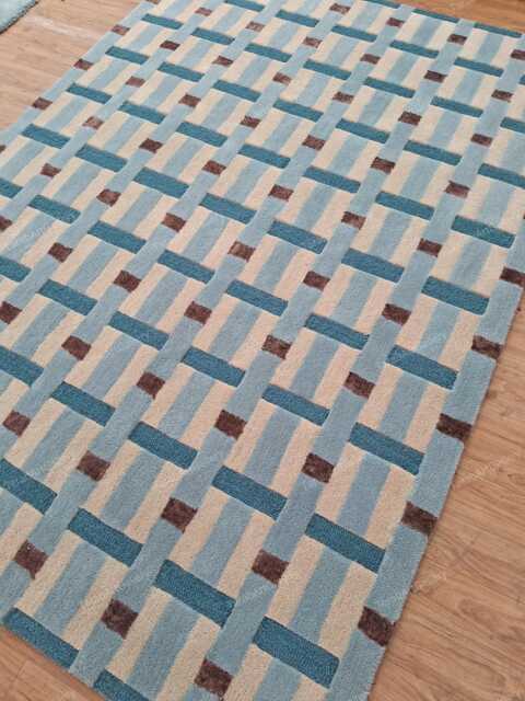 Hand-Tufted Wool Area Rug Modern Blue, Beige & Brown Geometric Carpet For Home Decor - image 1