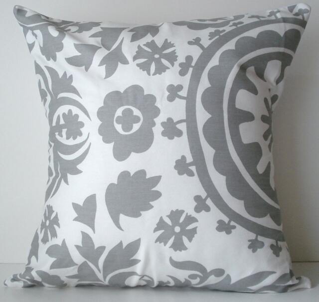 New 18x18 Inch Designer Handmade Pillow Case. Suzani Print in Grey & White