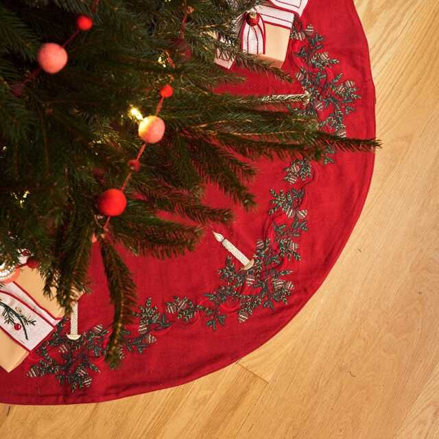 Red Candle Garland Tree Skirt, Embroidered Holiday Greens Collar, Handmade Christmas Decor - image 1