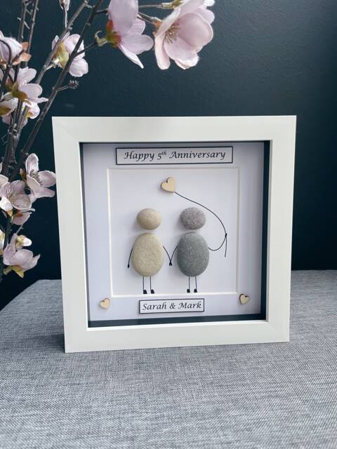 5Th Anniversary Gift, Wedding Pebble Art Frame, Wood Anniversary, 5 Years Keepsake Handmade, Years Together - image 1