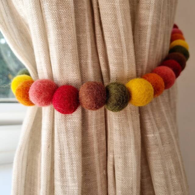 Autumn Rainbow Curtain Felt Ball Pom Tie Backs - image 1
