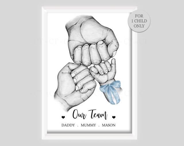 Personalised Family Our Team Print New Baby Birth Hands One Child Only Unframed Black & White Boy Girl Bow Blue Pink - image 1