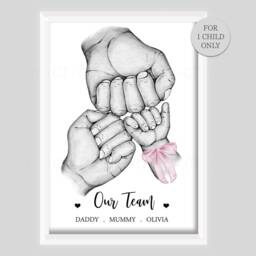 Personalised Family Our Team Print New Baby Birth Hands One Child Only Unframed Black & White Boy Girl Bow Blue Pink - thumbnail 3