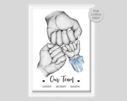 Personalised Family Our Team Print New Baby Birth Hands One Child Only Unframed Black & White Boy Girl Bow Blue Pink - thumbnail 1
