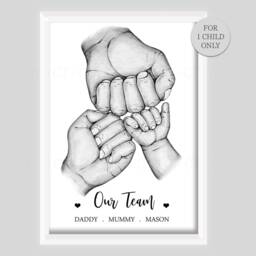 Personalised Family Our Team Print New Baby Birth Hands One Child Only Unframed Black & White Boy Girl Bow Blue Pink - thumbnail 2