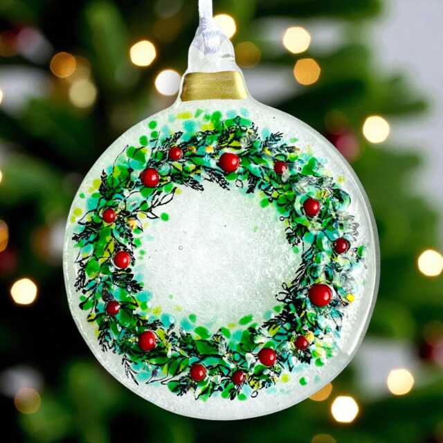 Fused Glass Christmas Ornament, Red Berry Wreath Tree Decoration - image 1