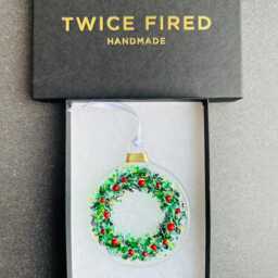 Fused Glass Christmas Ornament, Red Berry Wreath Tree Decoration - thumbnail 3