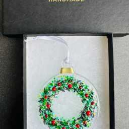Fused Glass Christmas Ornament, Red Berry Wreath Tree Decoration - thumbnail 4