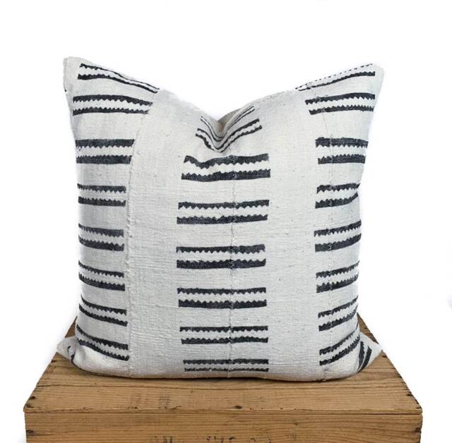 African Mudcloth Pillow Cover, With Black Tribal Bar Pattern, 18 Inch Square - image 1