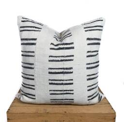 African Mudcloth Pillow Cover, With Black Tribal Bar Pattern, 18 Inch Square - thumbnail 1