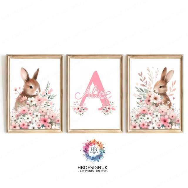 Floral Bunny Prints - Set Of 3 Posters - Baby Girls Room Decor Pink Rabbit Nursery Wall Art Girl Personalised Bedroom Toddler Picture - image 1
