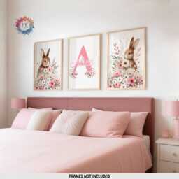 Floral Bunny Prints - Set Of 3 Posters - Baby Girls Room Decor Pink Rabbit Nursery Wall Art Girl Personalised Bedroom Toddler Picture - thumbnail 2