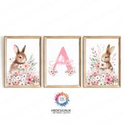Floral Bunny Prints - Set Of 3 Posters - Baby Girls Room Decor Pink Rabbit Nursery Wall Art Girl Personalised Bedroom Toddler Picture - thumbnail 1