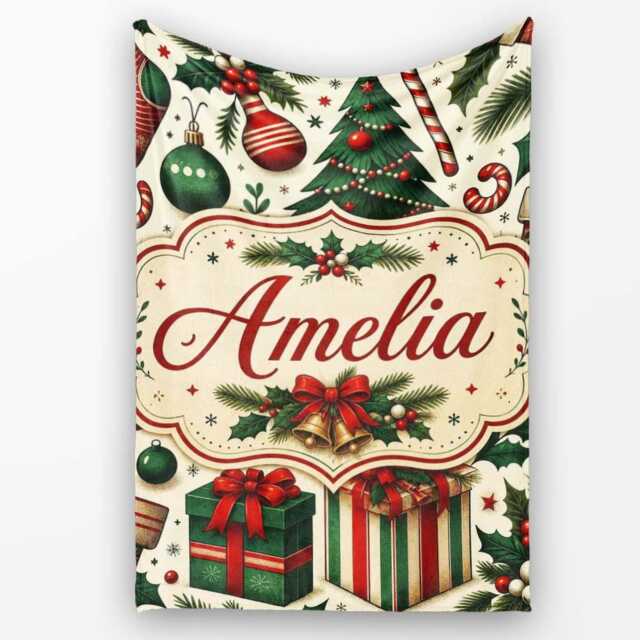 Festive Christmas Tree Holly Berries Stockings Candy Cane Seamless Personalised Custom Name Super Soft Fleece Blanket Bed Sofa Throw - image 1