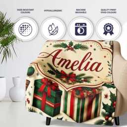 Festive Christmas Tree Holly Berries Stockings Candy Cane Seamless Personalised Custom Name Super Soft Fleece Blanket Bed Sofa Throw - thumbnail 2