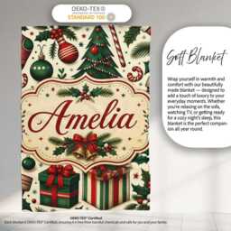 Festive Christmas Tree Holly Berries Stockings Candy Cane Seamless Personalised Custom Name Super Soft Fleece Blanket Bed Sofa Throw - thumbnail 3