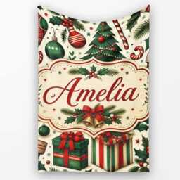 Festive Christmas Tree Holly Berries Stockings Candy Cane Seamless Personalised Custom Name Super Soft Fleece Blanket Bed Sofa Throw