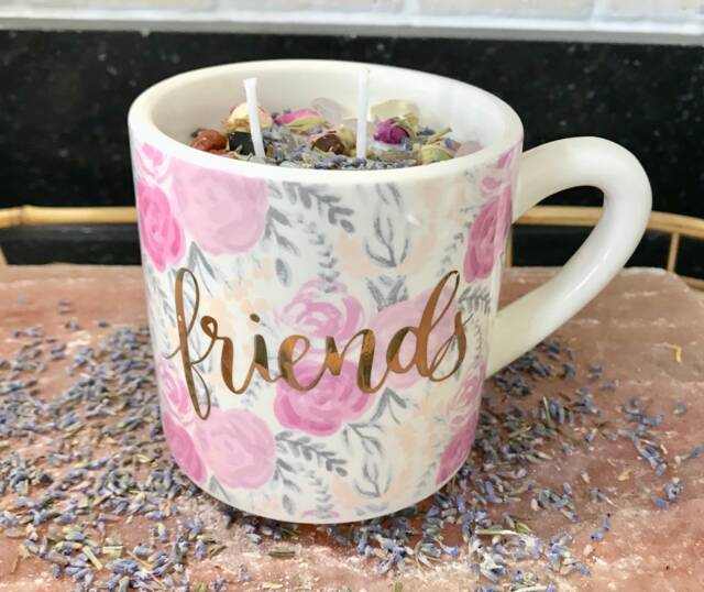 Candle Lavender Scented Soy in A Ceramic White With Pink Roses Friends Mug - image 1