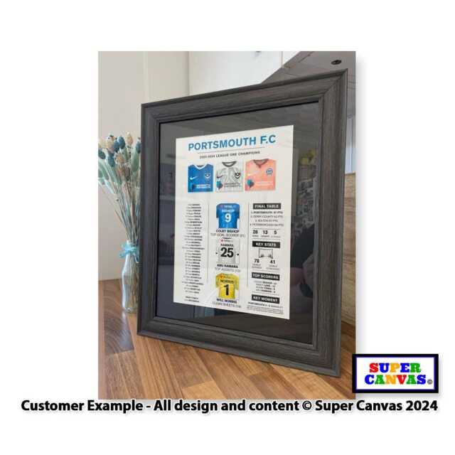 Portsmouth Fc Pompey Football Club 23/24 League One Winners Champions Team Stats Fan Wall Art Framed A3 Print Son Dad Husband Birthday Gift - image 1