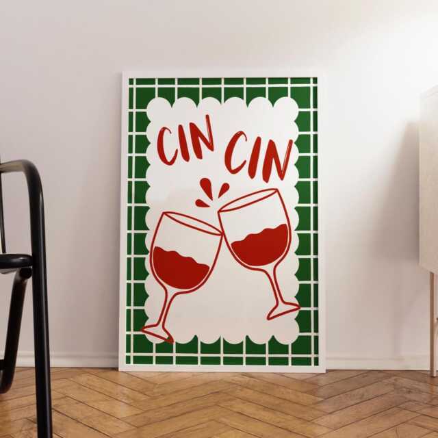 Cin Print, Wall Art For Wine Lovers, Green Kitchen Art, Dining Room Cheers Poster, Trendy Italian Gallery Print - image 1