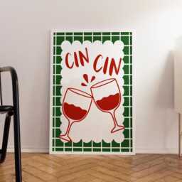 Cin Print, Wall Art For Wine Lovers, Green Kitchen Art, Dining Room Cheers Poster, Trendy Italian Gallery Print - thumbnail 1