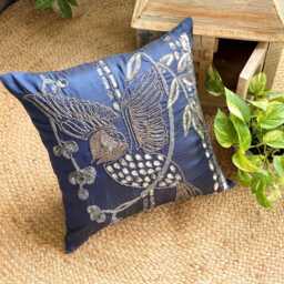 "Navy Blue Art Silk Bird Throw Pillow Cover, 16""x16" - thumbnail 2