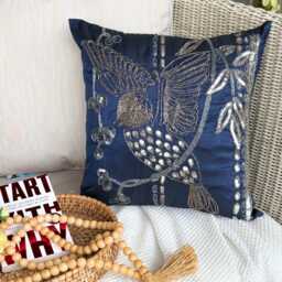 "Navy Blue Art Silk Bird Throw Pillow Cover, 16""x16" - thumbnail 3