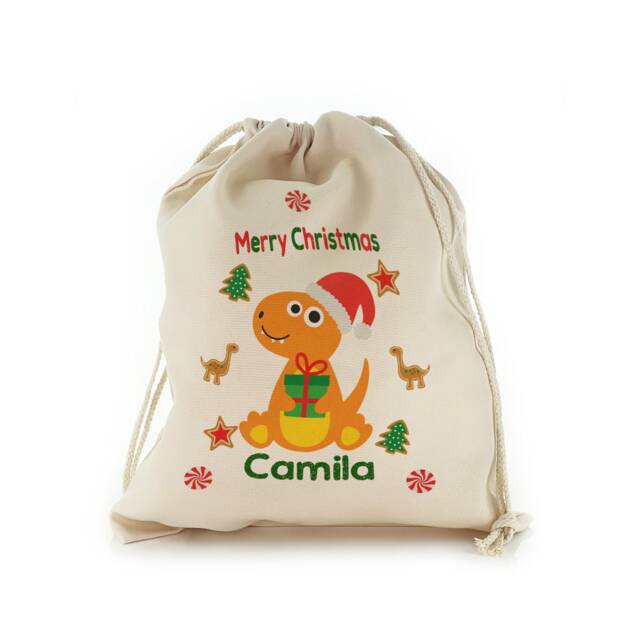 Personalized Christmas Dinosaur Gift Sack, Drawstring Bag - image 1