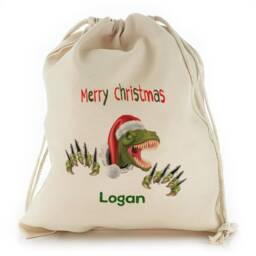 Personalized Christmas Dinosaur Gift Sack, Drawstring Bag - thumbnail 3