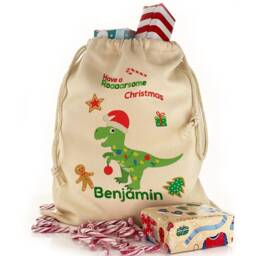 Personalized Christmas Dinosaur Gift Sack, Drawstring Bag - thumbnail 2