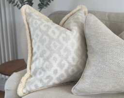 Geometric Ivory Cream Cushion Cover With Fringe - Neutral Home Decor Pillow - Bella - thumbnail 1