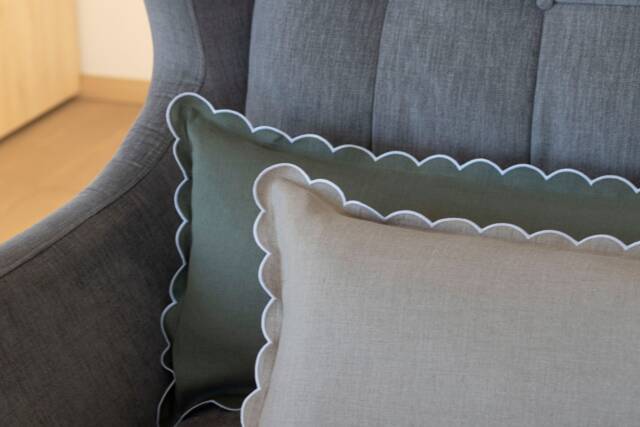 Linen Lumbar Pillow Cover, Seafoam Green Or Natural, White Scalloped Trim - image 1