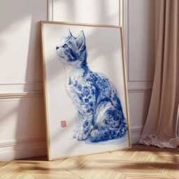 Blue Porcelain Cat Wall Art Print, Chinese Ink Style Kitten Poster, Elegant Floral Animal Decor, Minimalist Asian Inspired Artwork - thumbnail 3
