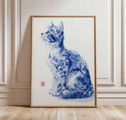 Blue Porcelain Cat Wall Art Print, Chinese Ink Style Kitten Poster, Elegant Floral Animal Decor, Minimalist Asian Inspired Artwork - thumbnail 1