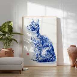 Blue Porcelain Cat Wall Art Print, Chinese Ink Style Kitten Poster, Elegant Floral Animal Decor, Minimalist Asian Inspired Artwork - thumbnail 4