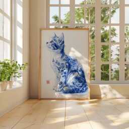 Blue Porcelain Cat Wall Art Print, Chinese Ink Style Kitten Poster, Elegant Floral Animal Decor, Minimalist Asian Inspired Artwork - thumbnail 2