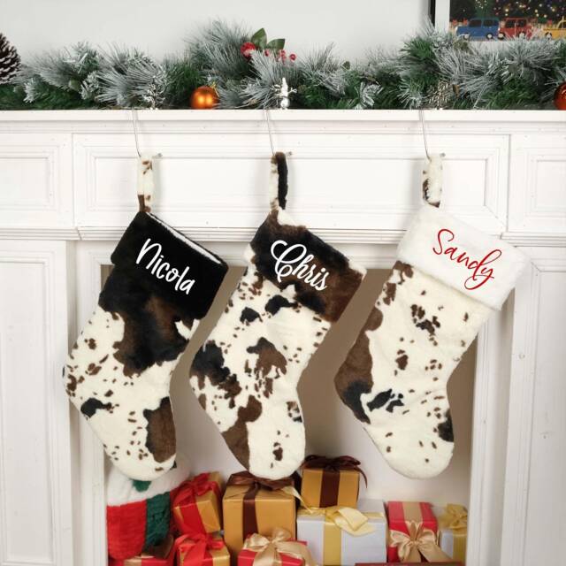 Personalized Cow Christmas Stocking, Embroidered Plush Stocking, West Farm Xmas Decor, Country Stocking, Christmas Family Gift - image 1