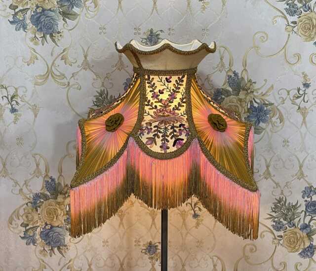 Lotus Embroidery Lampshade Gold White Ombre Fringe - image 1